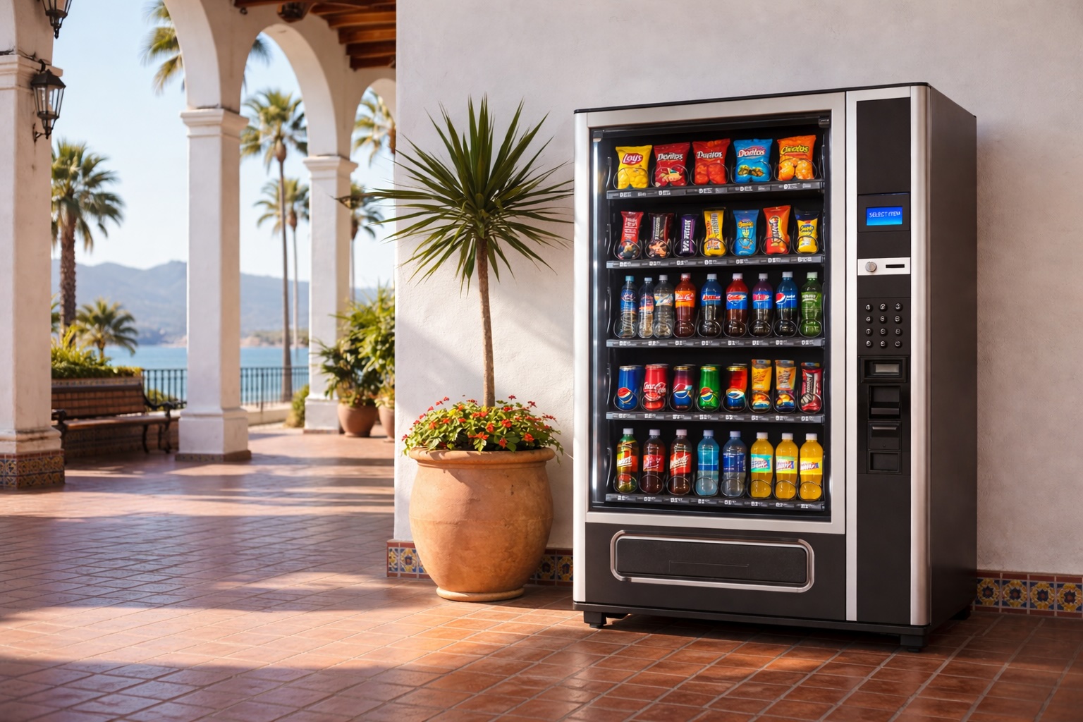 Snack and beverage vending machine on a sunny Spanish-style patio overlooking the coast